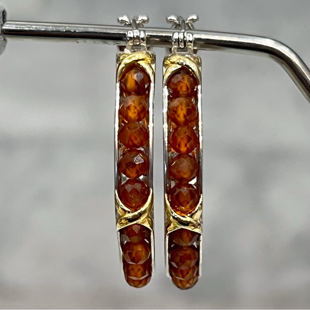 Premium Ceylon Hessonite Garnet 18K YG Plated Silver Hoop Beaded Earrings